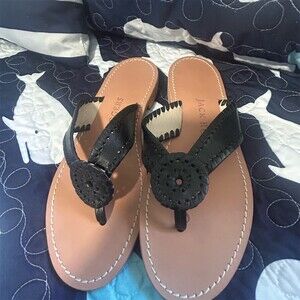 Jack Rogers Jacks Flat Thong Sandals Womens Black Slip-On Whipstitch